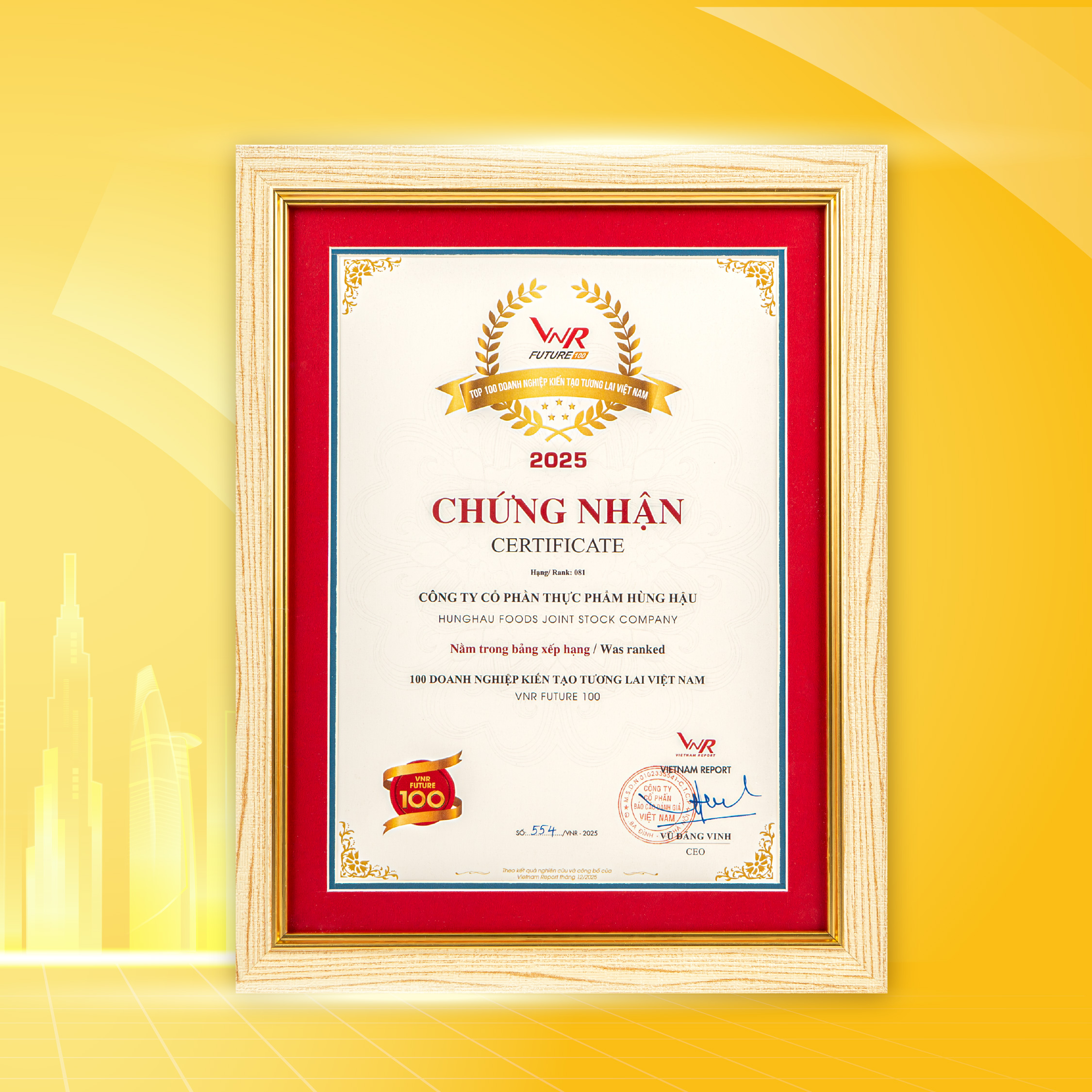 Giấy chứng nhận giải thưởng VNR FUTURE 100