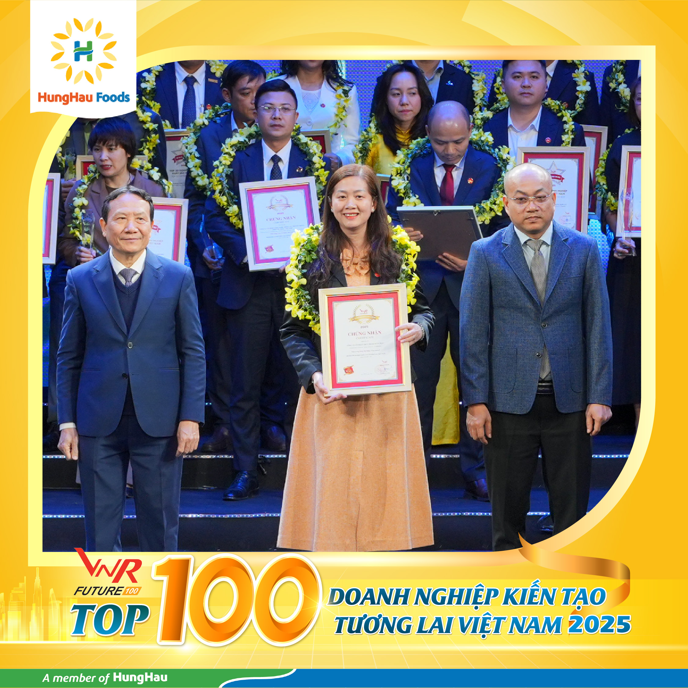 Công ty Cổ phần Thực phẩm Hùng Hậu (HungHau Foods) vừa được vinh danh trong TOP 100 Doanh nghiệp Kiến tạo Tương lai Việt Nam năm 2025 (VNR FUTURE 100)